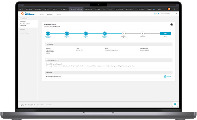 Applicant tracking screenshot