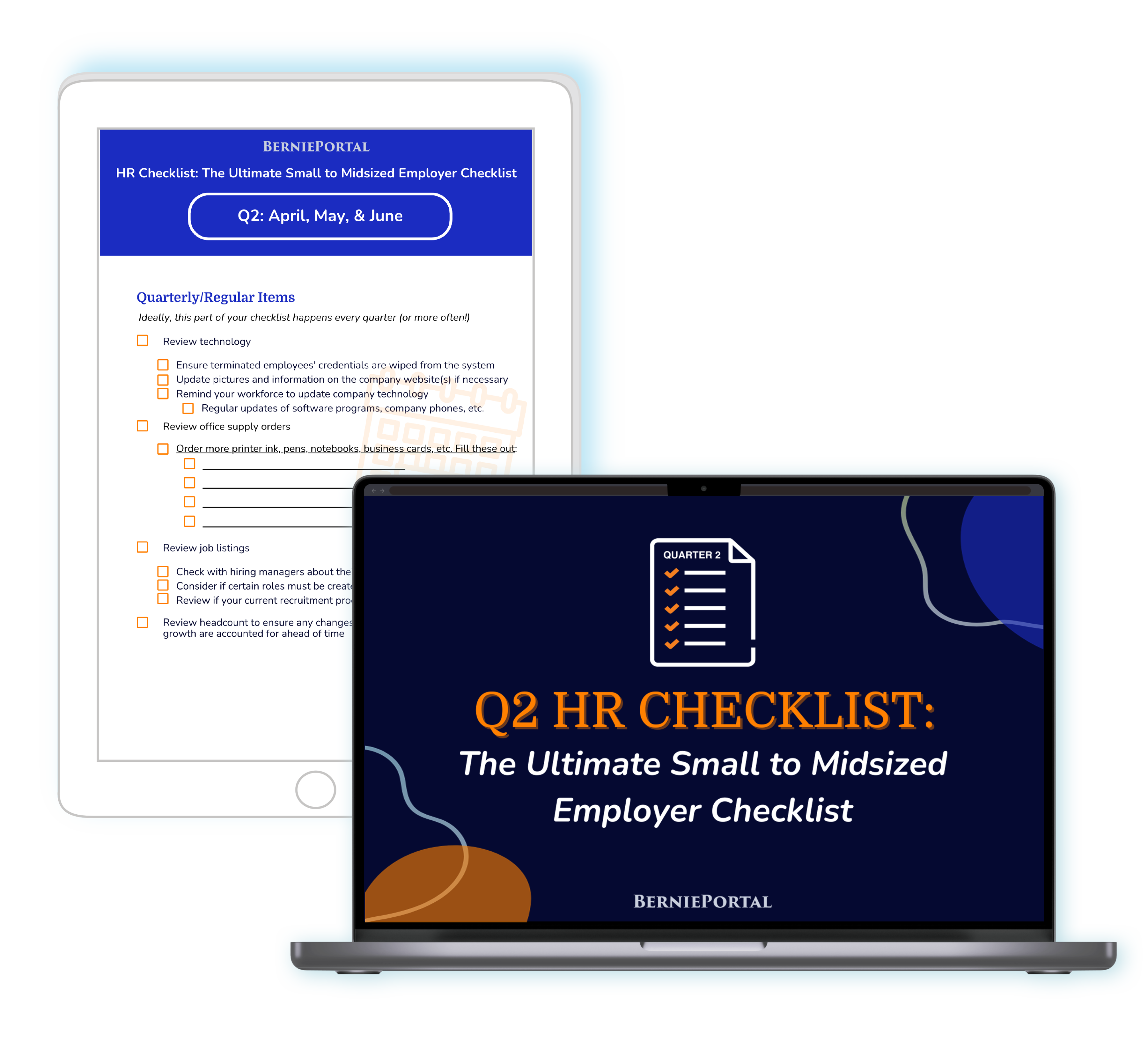 Q2 HR Checklist Title Page on Laptop and Checklist Preview on Ipad