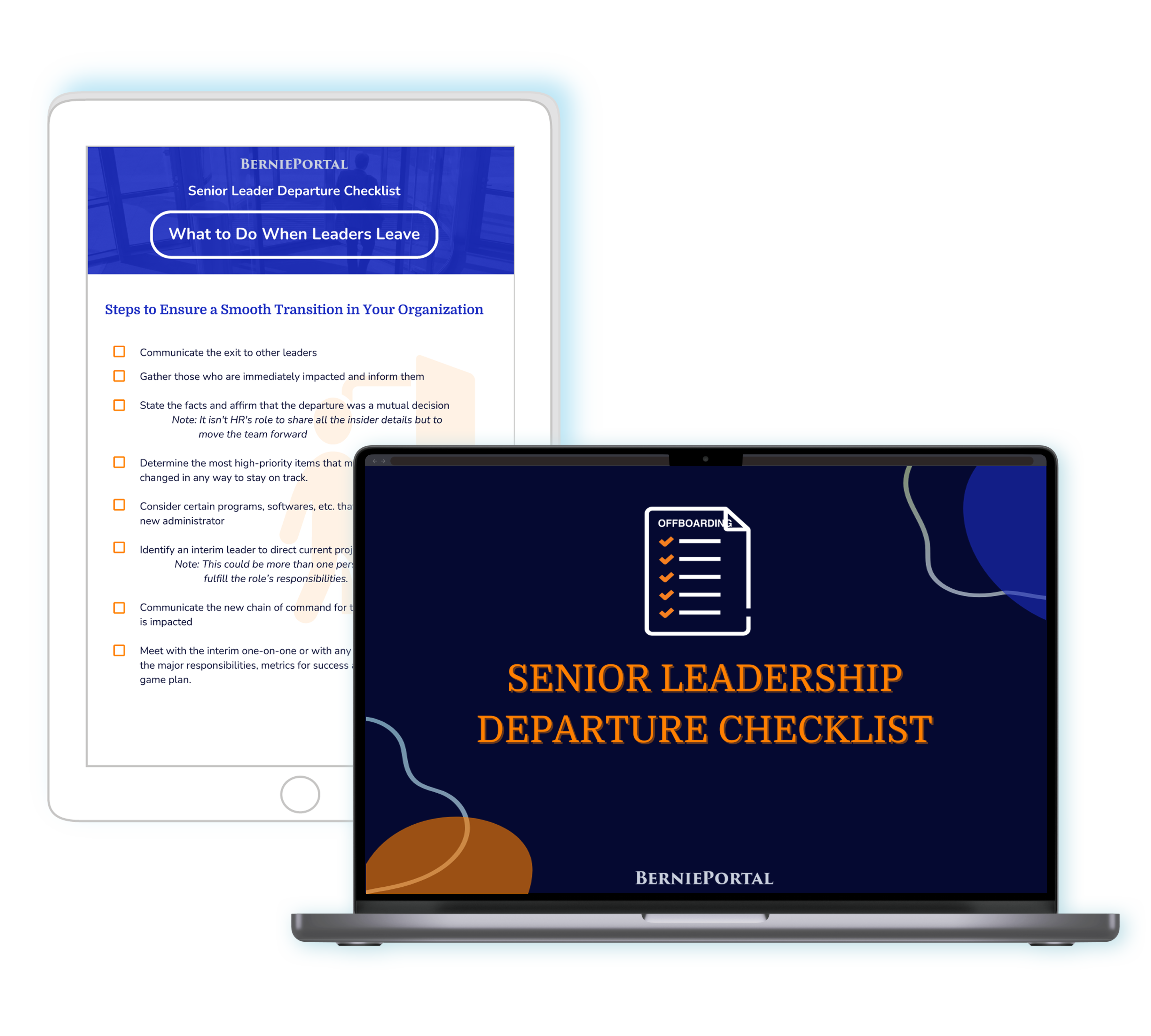 Senior Leadership Departure Checklist Title Screen on Laptop and Checklist on White Ipad